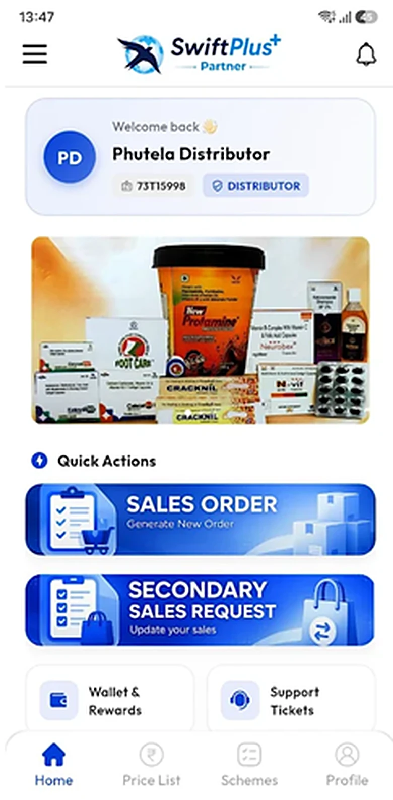 SwiftPlus Partner distributor app screen